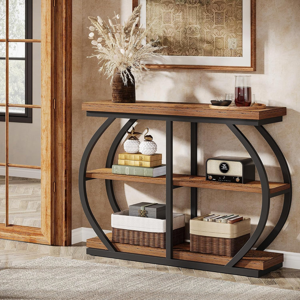 Tribesigns 41.3' Console Table, Industrial 3-Tier Entryway Table with Arched Metal Frame and Storage Shelves for Living Room, Hallway, Mix Brown