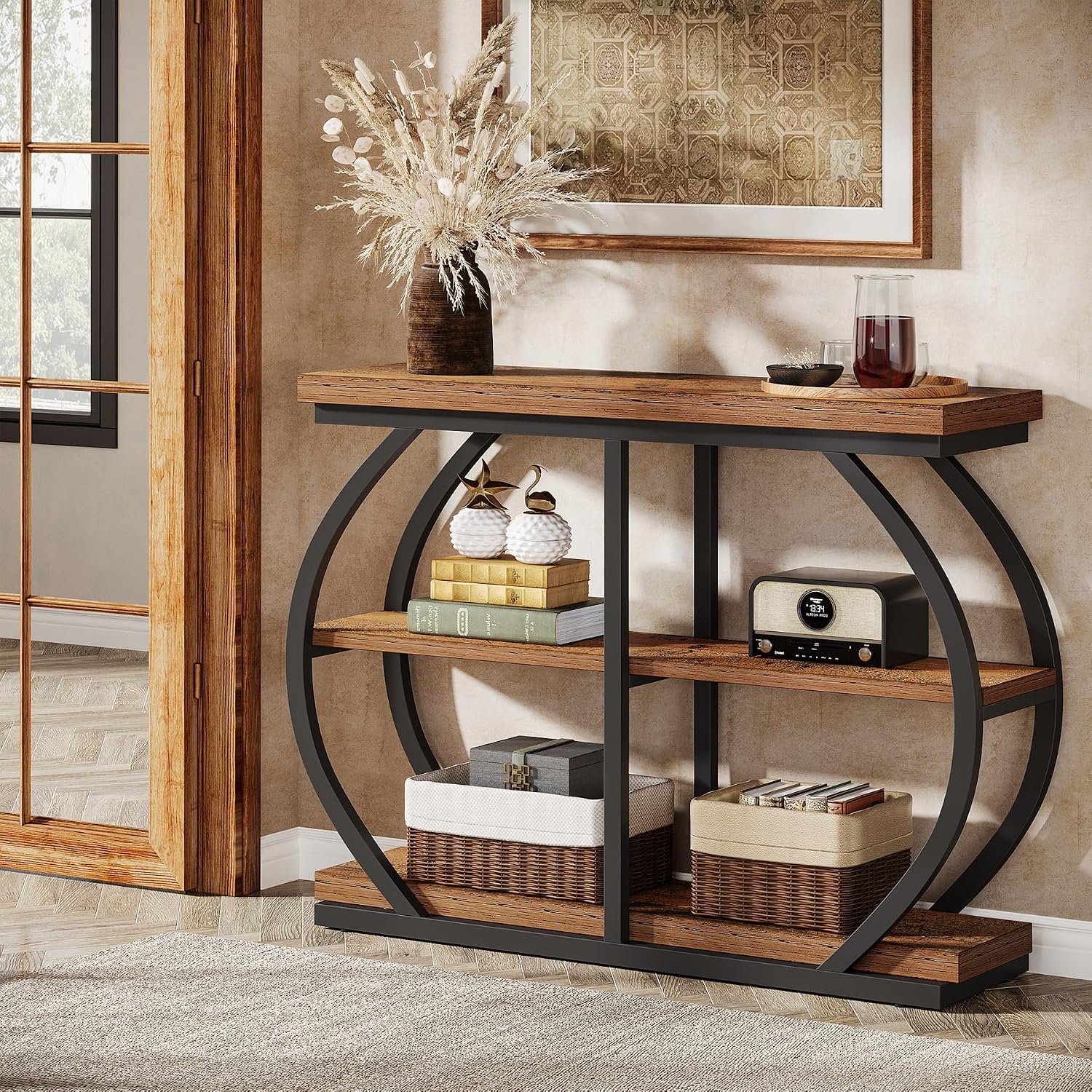 Tribesigns 41.3' Console Table, Industrial 3-Tier Entryway Table with Arched Metal Frame and Storage Shelves for Living Room, Hallway, Mix Brown