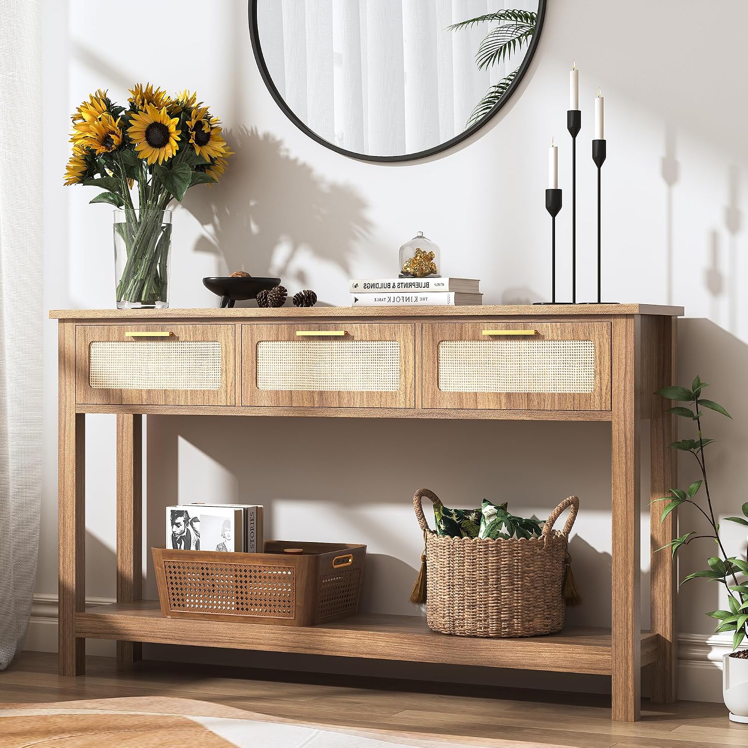 ELYKEN 51.2' Entryway Table with 3 Rattan Drawers, Boho Console Table Narrow with Storage, Long Sofa Table for Behind Couch Entry Hallway, Entrance, Living Room, Oak Brown