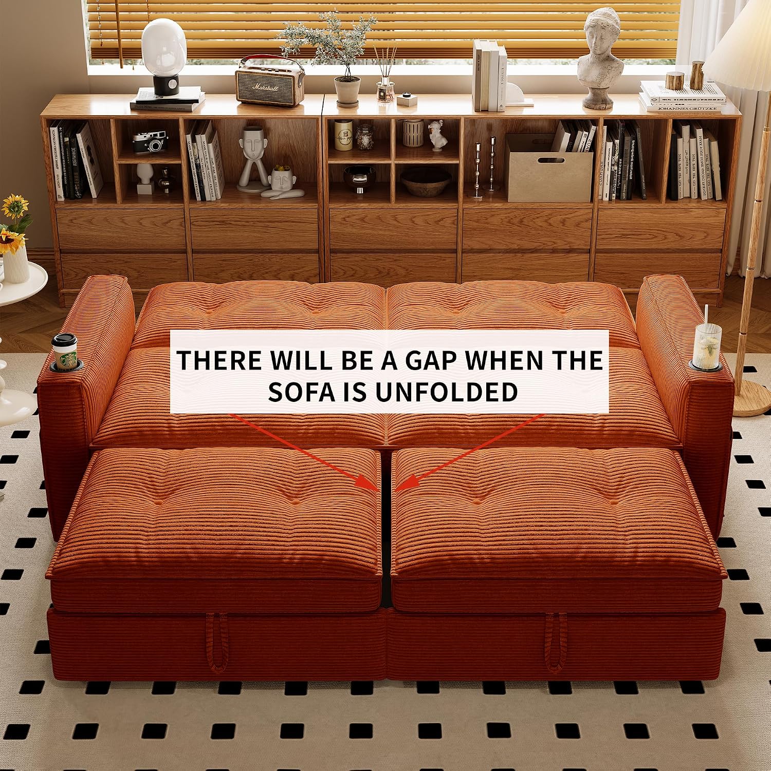 73' Queen Size Sofa Bed, Loveseat Sleeper Sofa with Pull Out Bed, Pockets and USB, Modern 2 Seater Convertible Small Couch for Living Room Bedroom Apartment (Orange, Corduroy)