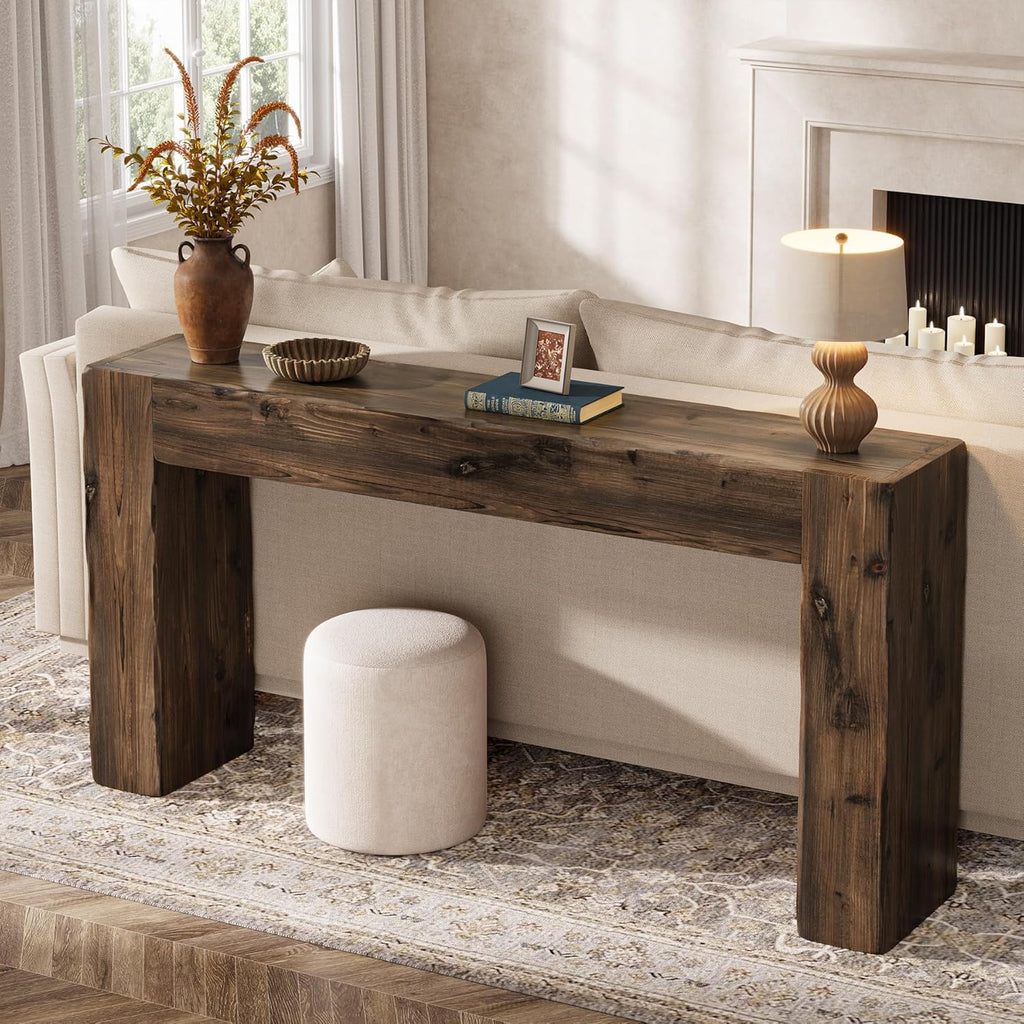 Solid Wood Console Table, 63-Inch Farmhouse Sofa Table Behind Couch for Entryway, Living Room, Foyer, Easy Assembly (Dark Brown)