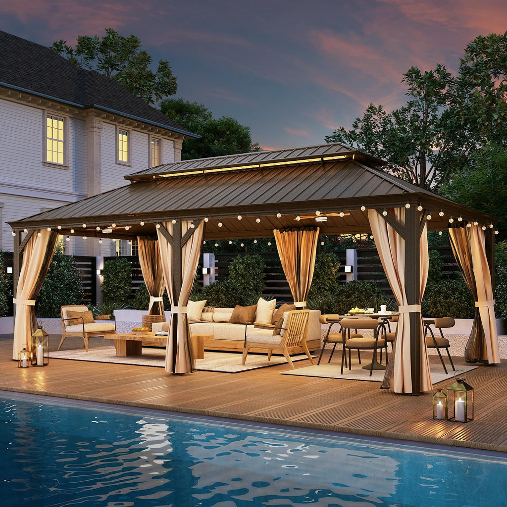 YOLENY 12'x24' Gazebo, Hardtop Gazebo with Galvanized Steel Double Roof, Pergolas Aluminum Frame, Netting and Curtains Included, Metal Outdoor Gazebos for Garden, Lawns