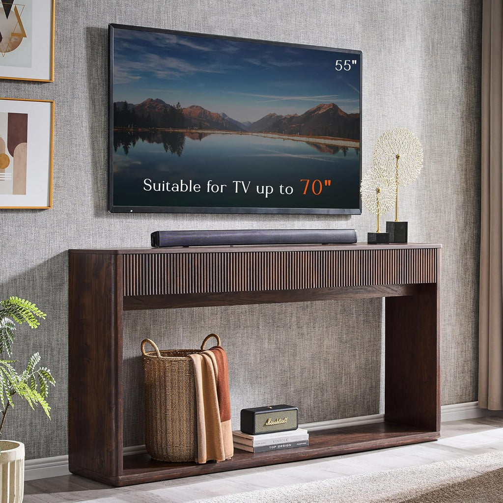 OKD 63' Fluted Console Table for Entryway, Modern Entryway Table with 2 Large Drawers, Long Sofa Table Behind Couch for Living Room, Hallway, Couch, Foyer，Dark Walnut