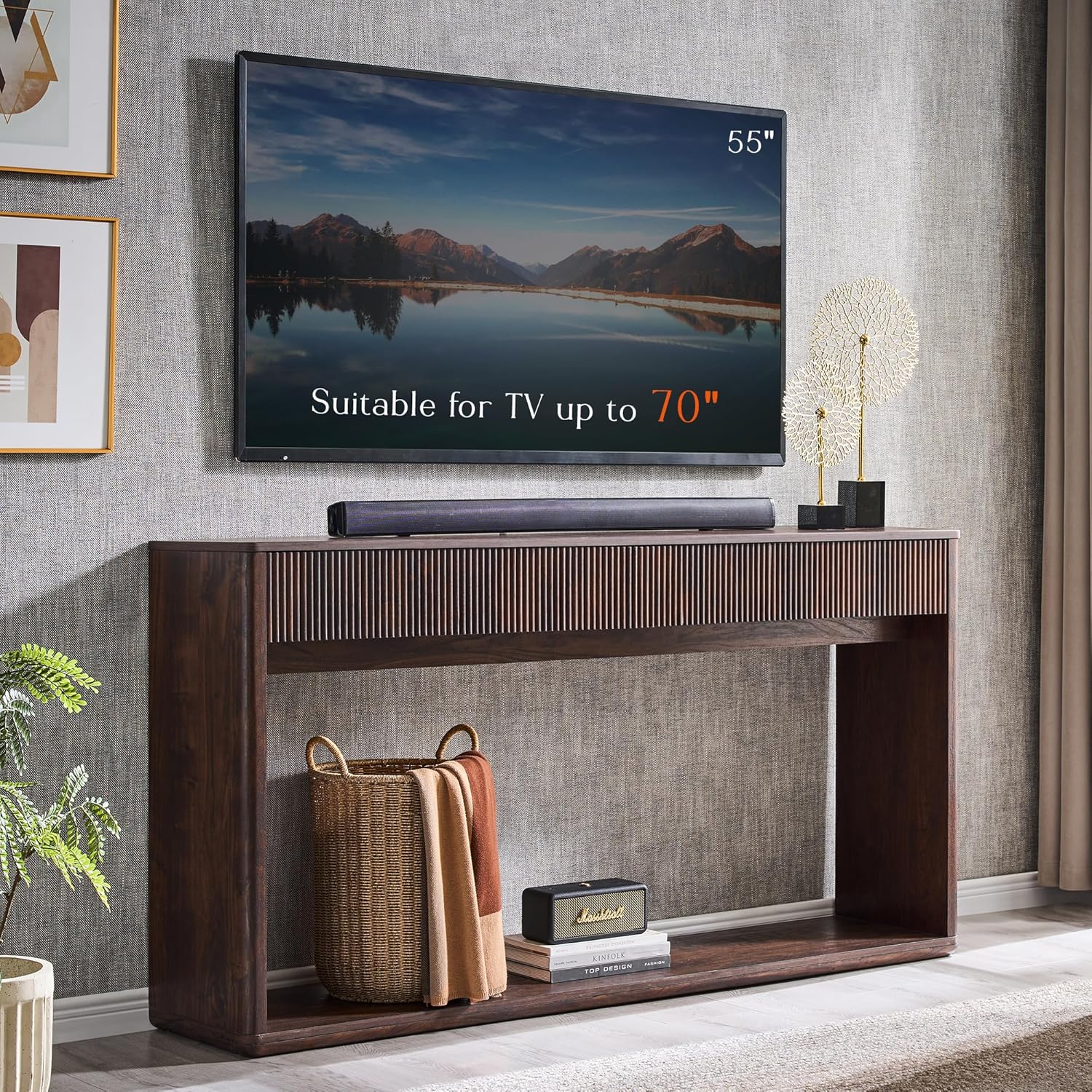 OKD 63' Fluted Console Table for Entryway, Modern Entryway Table with 2 Large Drawers, Long Sofa Table Behind Couch for Living Room, Hallway, Couch, Foyer，Dark Walnut