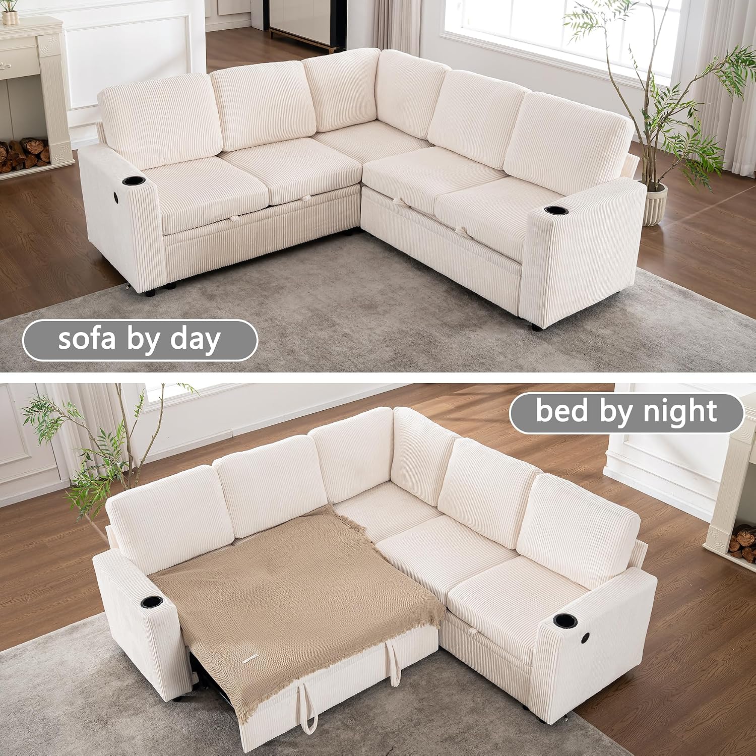 Modular Sectional Sleeper Sofa with Pull Out Bed, L Shaped Couch with Storage Chaise, USB Ports and Cup Holders, Comfy Corduroy Sectional Couches for Living Room, Bedroom and Apartment