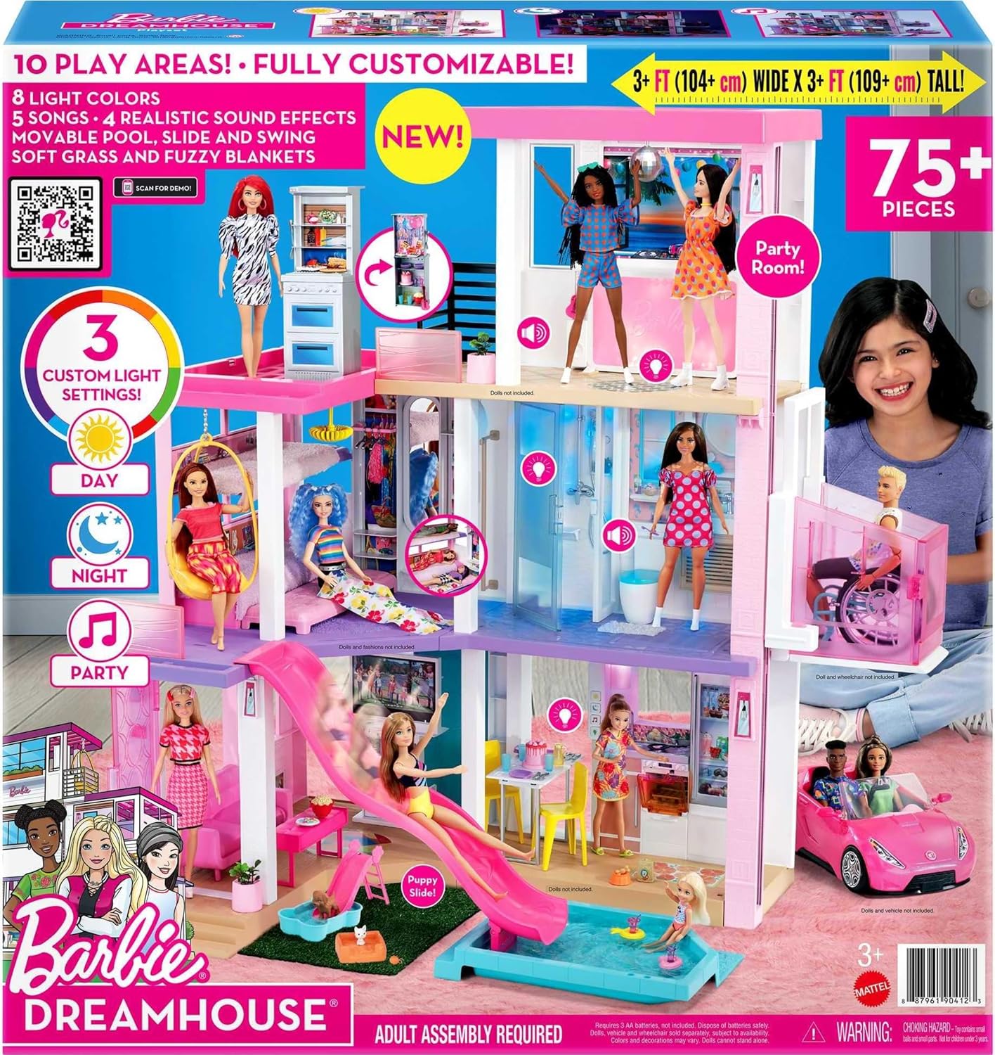 Barbie Dreamhouse (3.75-ft) 3-Story Dollhouse Playset with Pool & Slide, Party Room, Elevator, Puppy Play Area, Customizable Lights & Sounds, 75+ Pieces, Gift for 3 to 7 Year Olds (Amazon Exclusive)