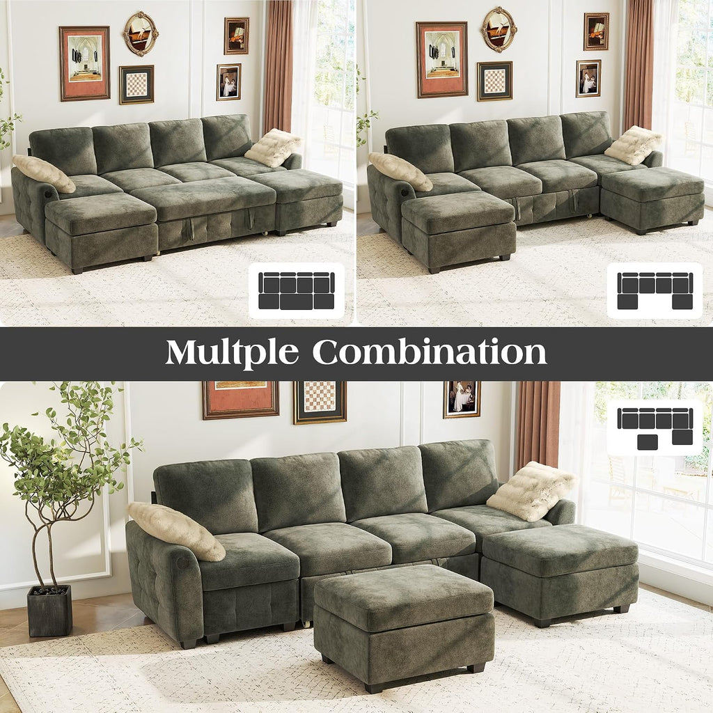 Ihanherry L-Shaped Sectional Sofa Bed, 6-Seater Convertible Pull Out Sleeper with Storage Ottoman, USB Charging Ports & Wide Armrests, Premium Chenille Fabric for Large Living Room, Apartment（Gray）
