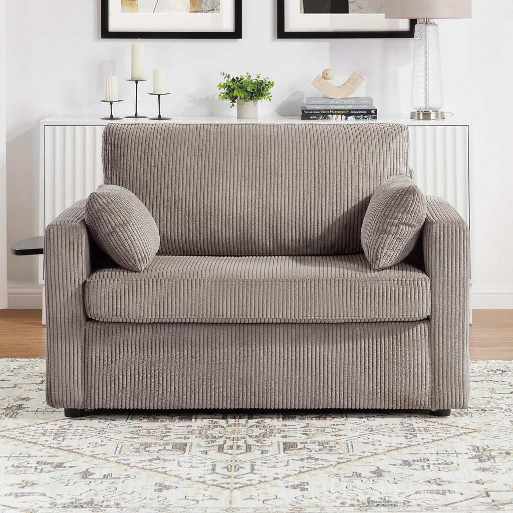 Twin Size Sofa Bed 47.2' Sleeper Sofa Loveseat Sofa with a Foldable Mattress, a Foldable Side Table, a Side Storage Pocket and Two USB Ports for Living Room, Grey-Brown