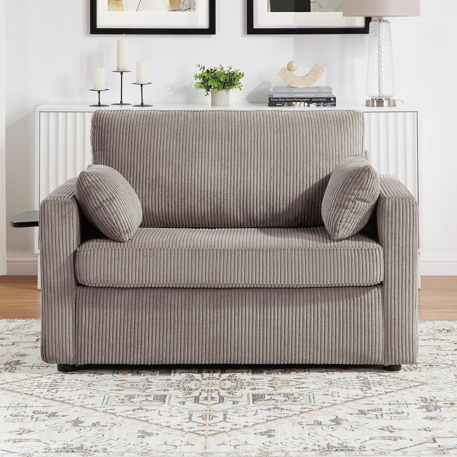 Twin Size Sofa Bed 47.2' Sleeper Sofa Loveseat Sofa with a Foldable Mattress, a Foldable Side Table, a Side Storage Pocket and Two USB Ports for Living Room, Grey-Brown