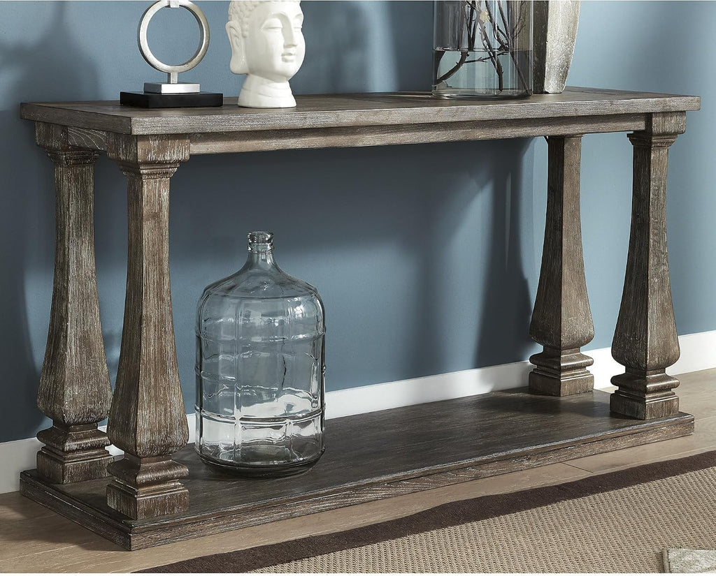 Signature Design by Ashley Johnelle Casual Sofa Table, Plank-look Framed Tabletop, Weathered Finish, Elm Veneers and Wood, 60' W x 18' D x 31.88' H, Gray