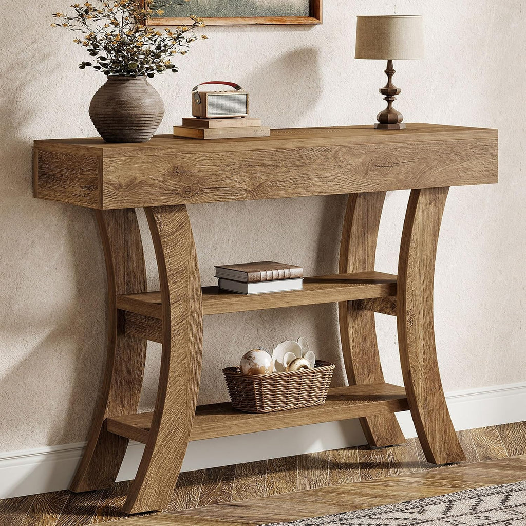 Tribesigns 41' Small Console Table for Entryway, 3-Tier Narrow Rustic Sofa Table with Storage Shelves and Curved Frame for Living Room, Entry, Hallway, Foyer (Oak Brown)