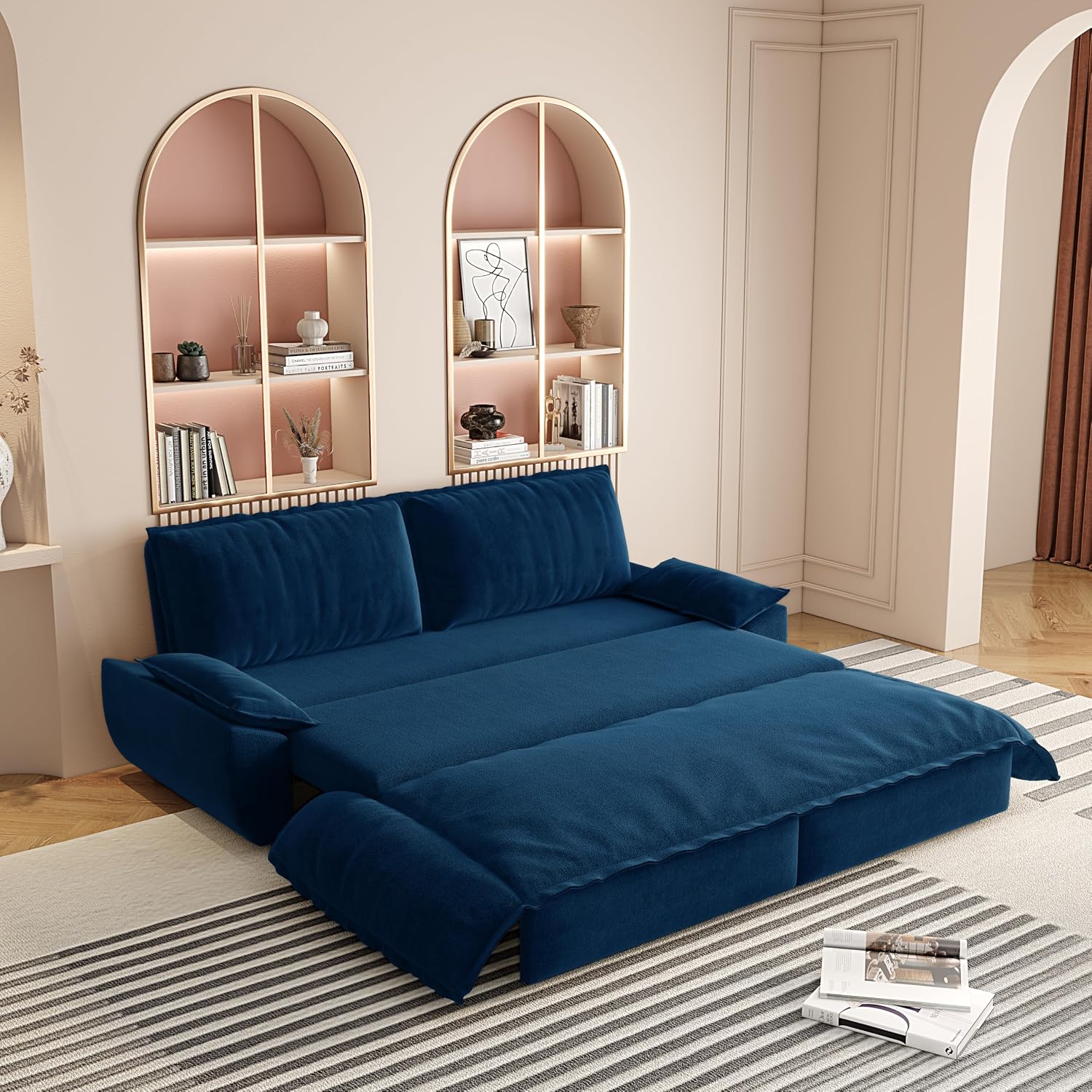73.2' Sleeper Sofa Bed Queen Size, 3-in-1 Convertible Couch, Modern Pull Out Couches, Comfy Velvet Futon Sofa, Cloud Loveseat Lounge, Pillow Arm for Small Spaces, Living Room, Apartment, Blue