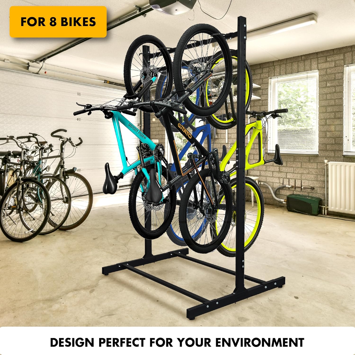 Freestanding 8 Bike Storage Rack for Garage, 2-Sided Bicycle Organizer, Hold Multiple Bicycles, Mountain Bikes, Road Bikes, Kids' Bicycles and E-Bikes