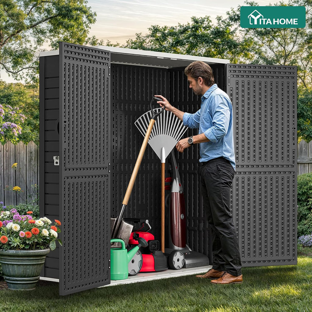 YITAHOME 59 Cuft Outdoor Tall Storage Shed, Waterproof Vertical Resin Shed for Garden, Garage, Patio, Lockable Tool Storage, No Shelves Included, Dark Gray