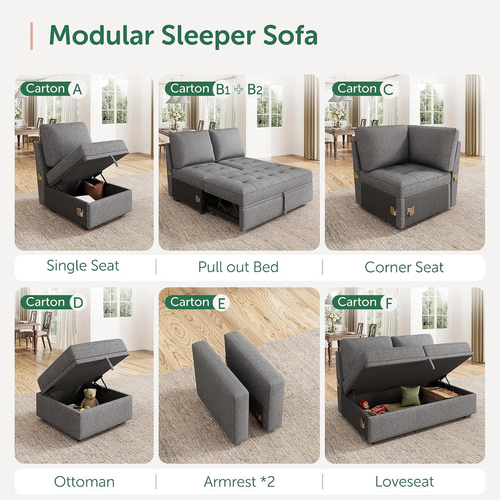 HONBAY Modular Sectional Sleeper Sofa with Pull Out Bed, Corner Seat for Sectional Couch, Grey
