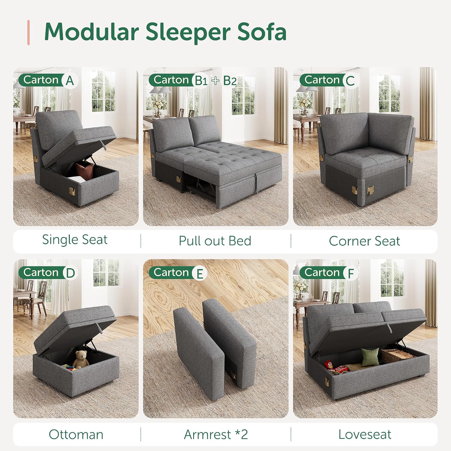 HONBAY Modular Sectional Sleeper Sofa with Pull Out Bed, Corner Seat for Sectional Couch, Grey