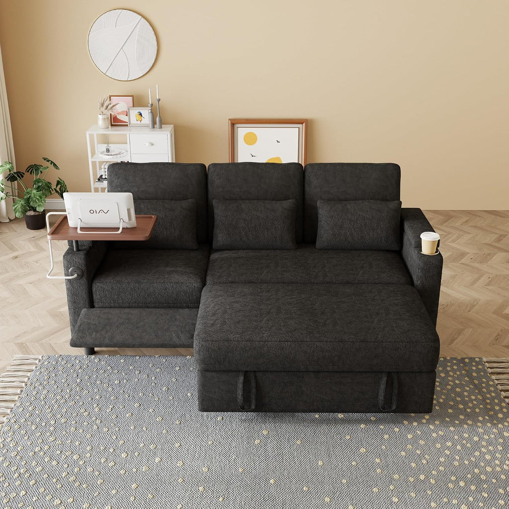 Queen Sectional Sleeper Sofa with Reclining Chair, Multi-Functional 3-Seater Couch with Pull Out Bed, Feature Cup Holder, Laptop Table and USB Port for Living Room, Apartment