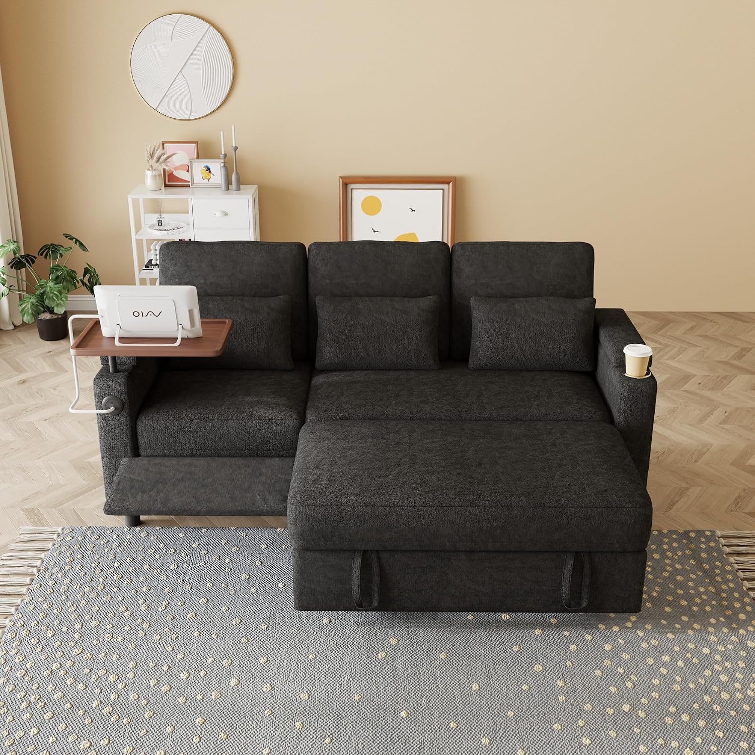 Queen Sectional Sleeper Sofa with Reclining Chair, Multi-Functional 3-Seater Couch with Pull Out Bed, Feature Cup Holder, Laptop Table and USB Port for Living Room, Apartment