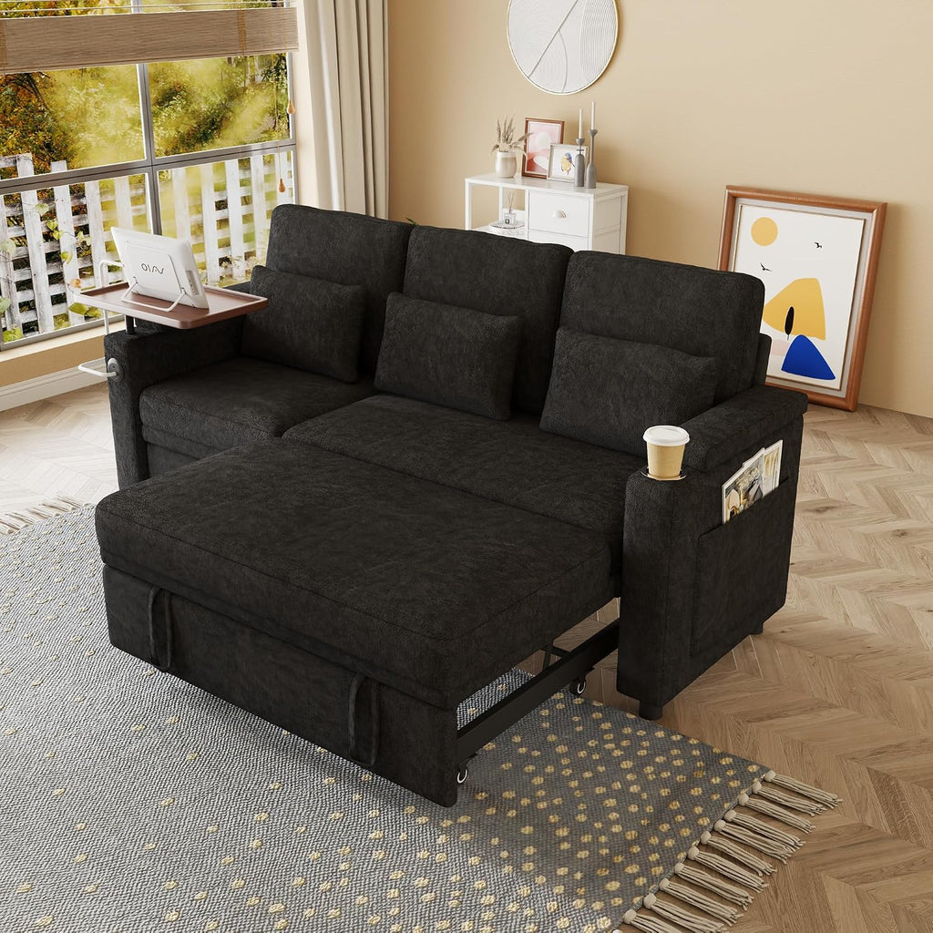 Queen Sectional Sleeper Sofa with Reclining Chair, Multi-Functional 3-Seater Couch with Pull Out Bed, Feature Cup Holder, Laptop Table and USB Port for Living Room, Apartment