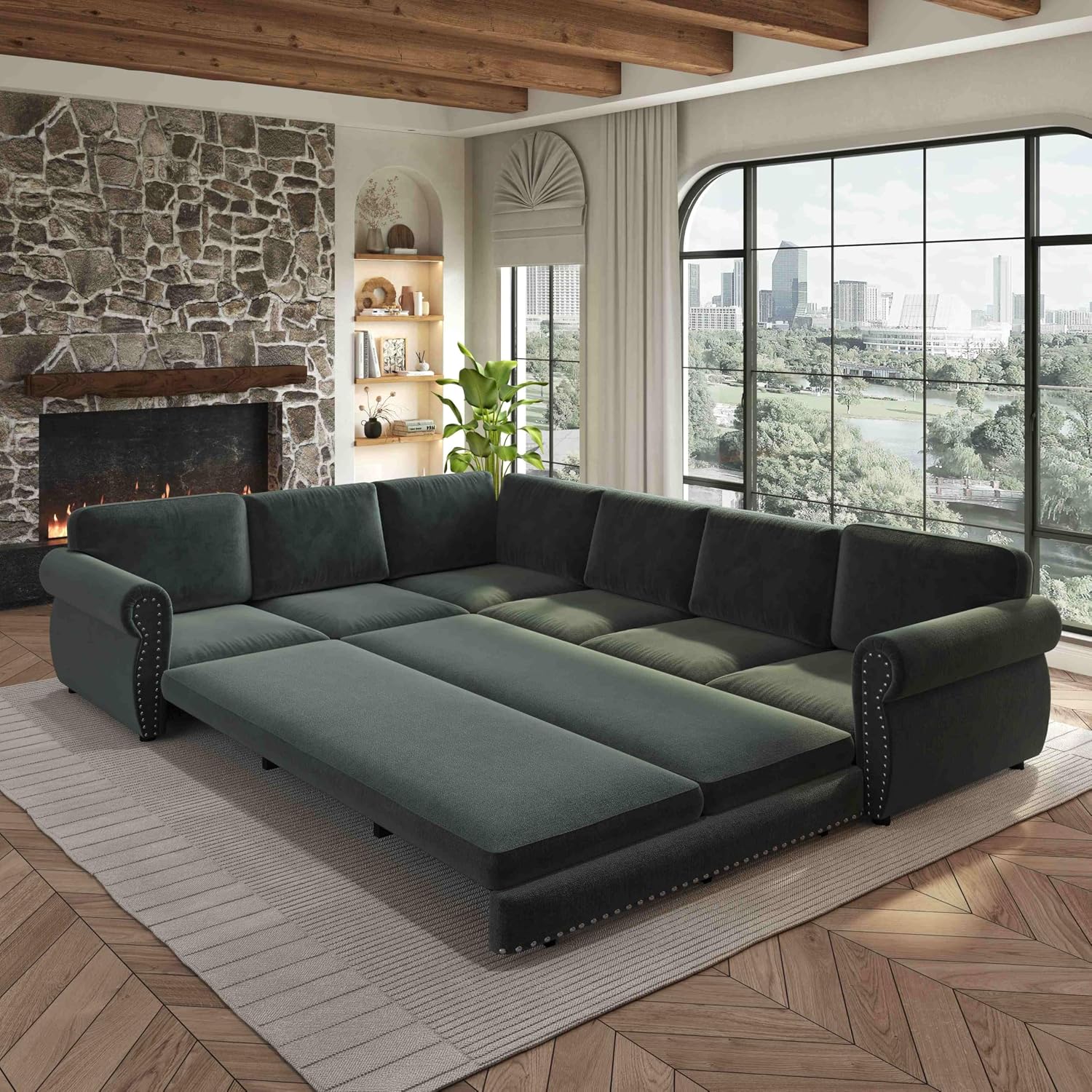 118'' Pull Out Couch, Convertible Sleeper Sofa Bed, Upholstered Sectional Sofa, Chenille L-Shaped Couch with Nailhead Trim, 6-Seater Modern Sectional Couches for Living Room, Apartment, Green