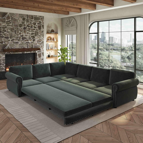 118'' Pull Out Couch, Convertible Sleeper Sofa Bed, Upholstered Sectional Sofa, Chenille L-Shaped Couch with Nailhead Trim, 6-Seater Modern Sectional Couches for Living Room, Apartment, Green