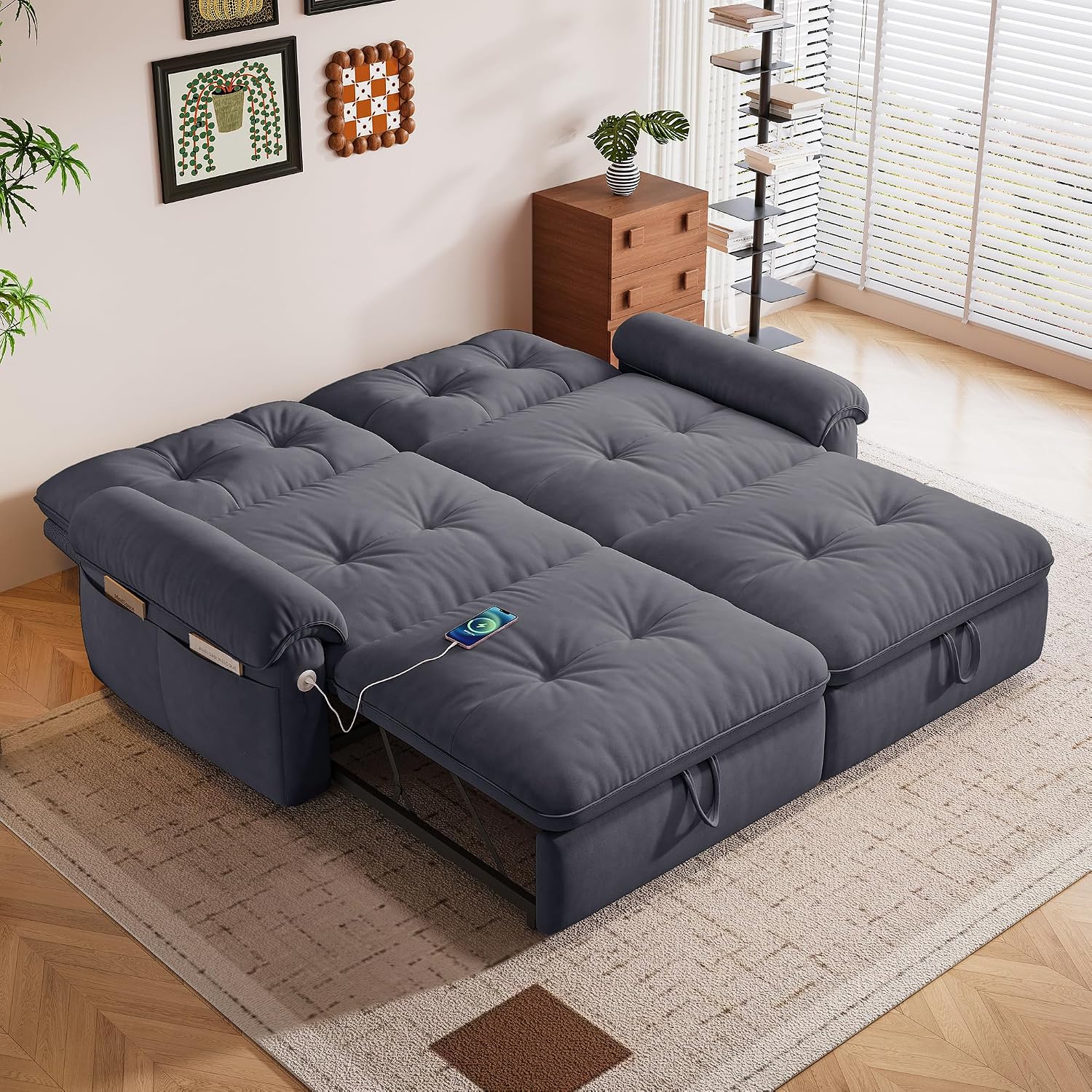 77' King Size Sleeper Sofa Bed, Convertible Pull Out Couch with Velvet Fabric, 3-in-1 Loveseat L Shaped Couch Bed with Adjustable Backrest, Side Pocket & USB Ports for Living Room Apartment