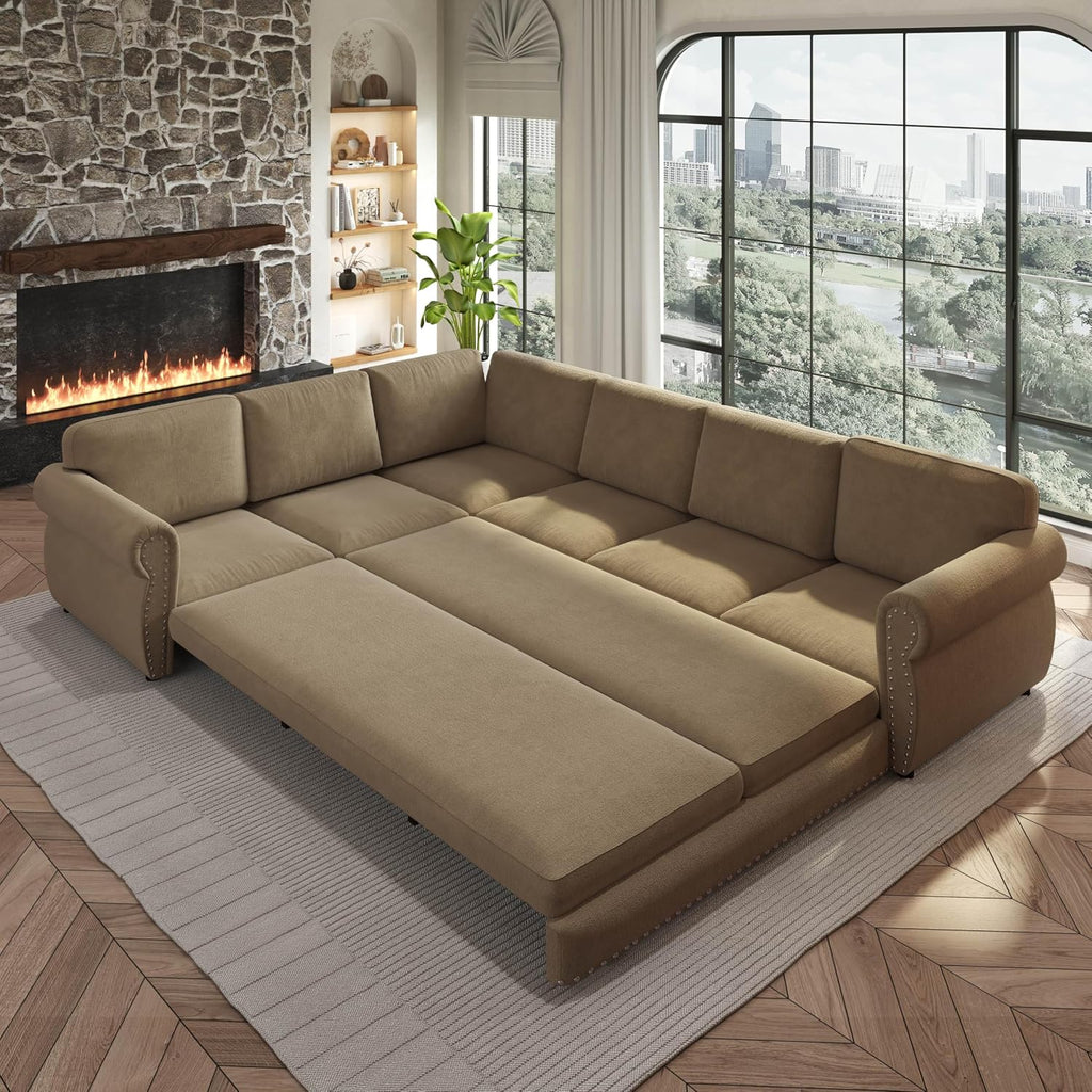118'' Pull Out Couch, Convertible Sleeper Sofa Bed, Upholstered Sectional Sofa, Chenille L-Shaped Couch with Nailhead Trim, 6-Seater Modern Sectional Couches for Living Room,Bedroom, Camel