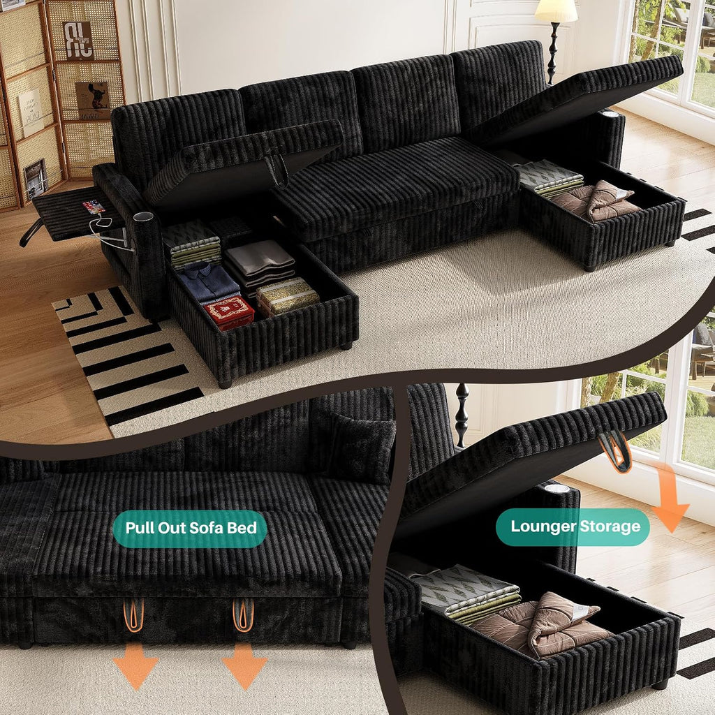 Sleeper Sectional Sofa, 110' Modern U Shaped Couch with Pull Out Bed, Convertible Corduroy Cloud Sofa with Double Storage Chaise, USB, Small Desktop, Comfy Modular Couch for Living Room, Black