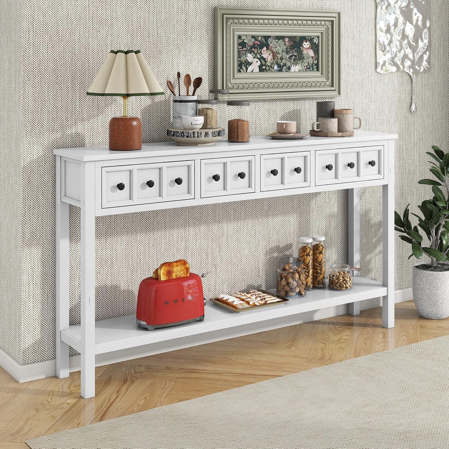 Merax Vintage Entryway Table 60 inch,Long Console Table with Drawers and Shelf for Entryway Easy Assembly Hallway Table