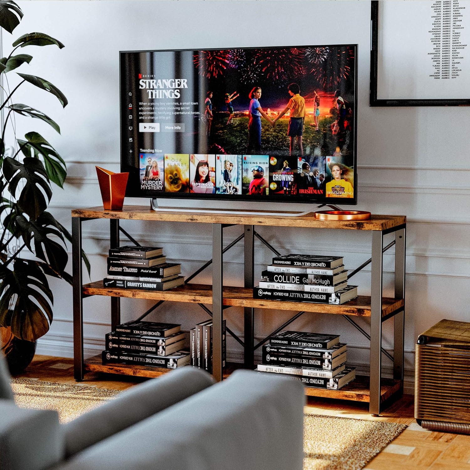IRONCK Rustic Entryway Console Table, Long Hallway Table 55 in 3-Tier, TV Stand Entertainment Center Media Stand for Living Room, Industrial Style, Vintage Brown | Rustic, Long, Living Room