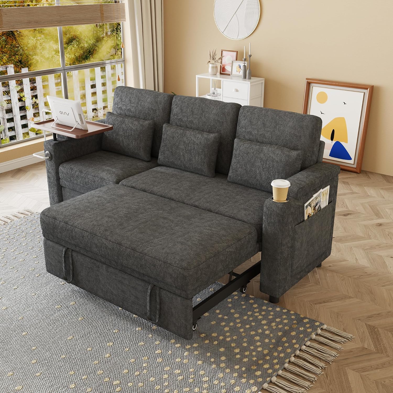 Sectional Sleeper Sofa with Pull Out Couch and Reclining Chair, Modern 3-in-1 Convertible Sleeper Sectional Couch that Turns Into Bed with Cup Holder, Laptop Table and USB Port for Living Room
