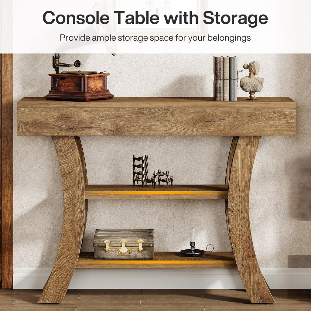 Tribesigns 41' Small Console Table for Entryway, 3-Tier Narrow Rustic Sofa Table with Storage Shelves and Curved Frame for Living Room, Entry, Hallway, Foyer (Oak Brown)