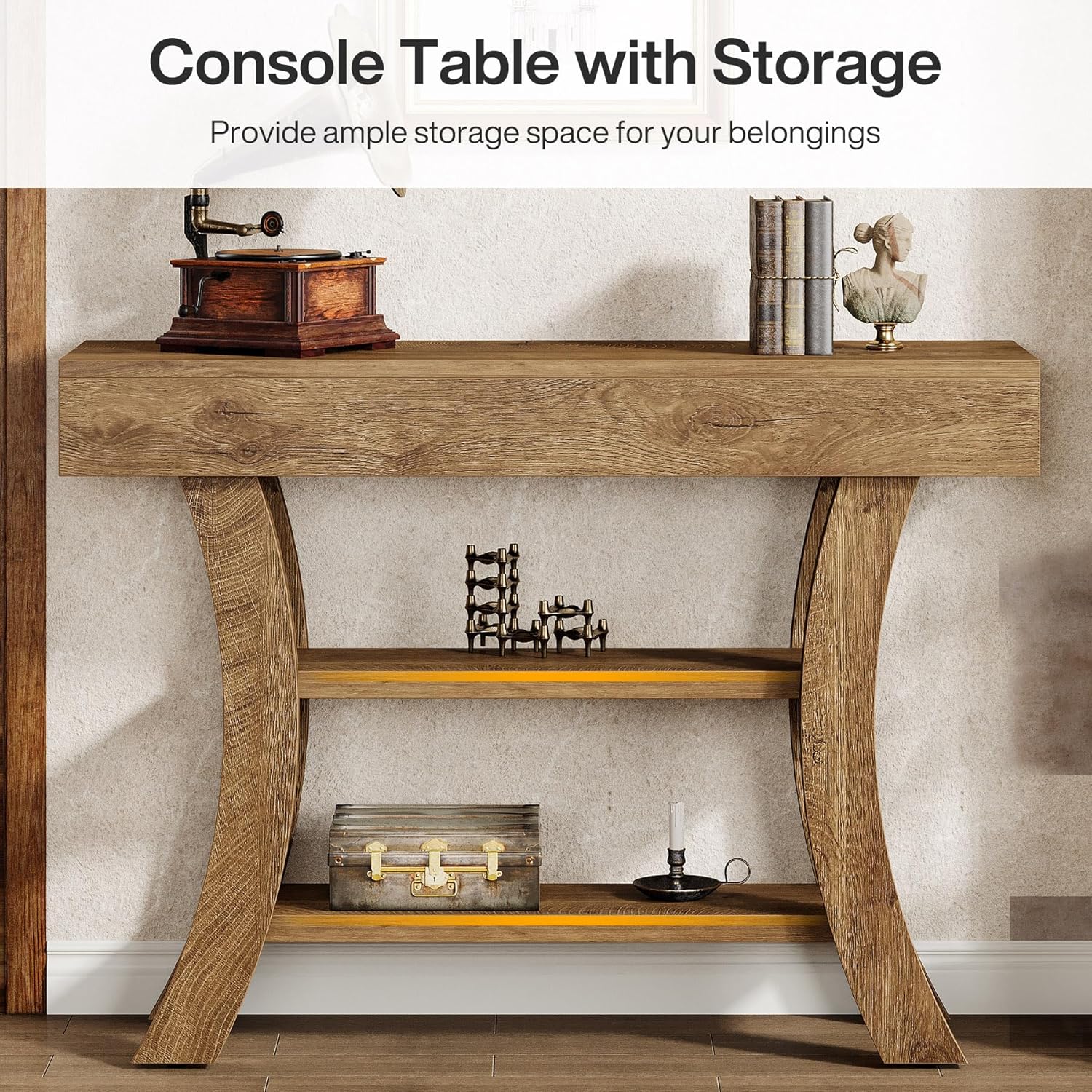 Tribesigns 41' Small Console Table for Entryway, 3-Tier Narrow Rustic Sofa Table with Storage Shelves and Curved Frame for Living Room, Entry, Hallway, Foyer (Oak Brown)