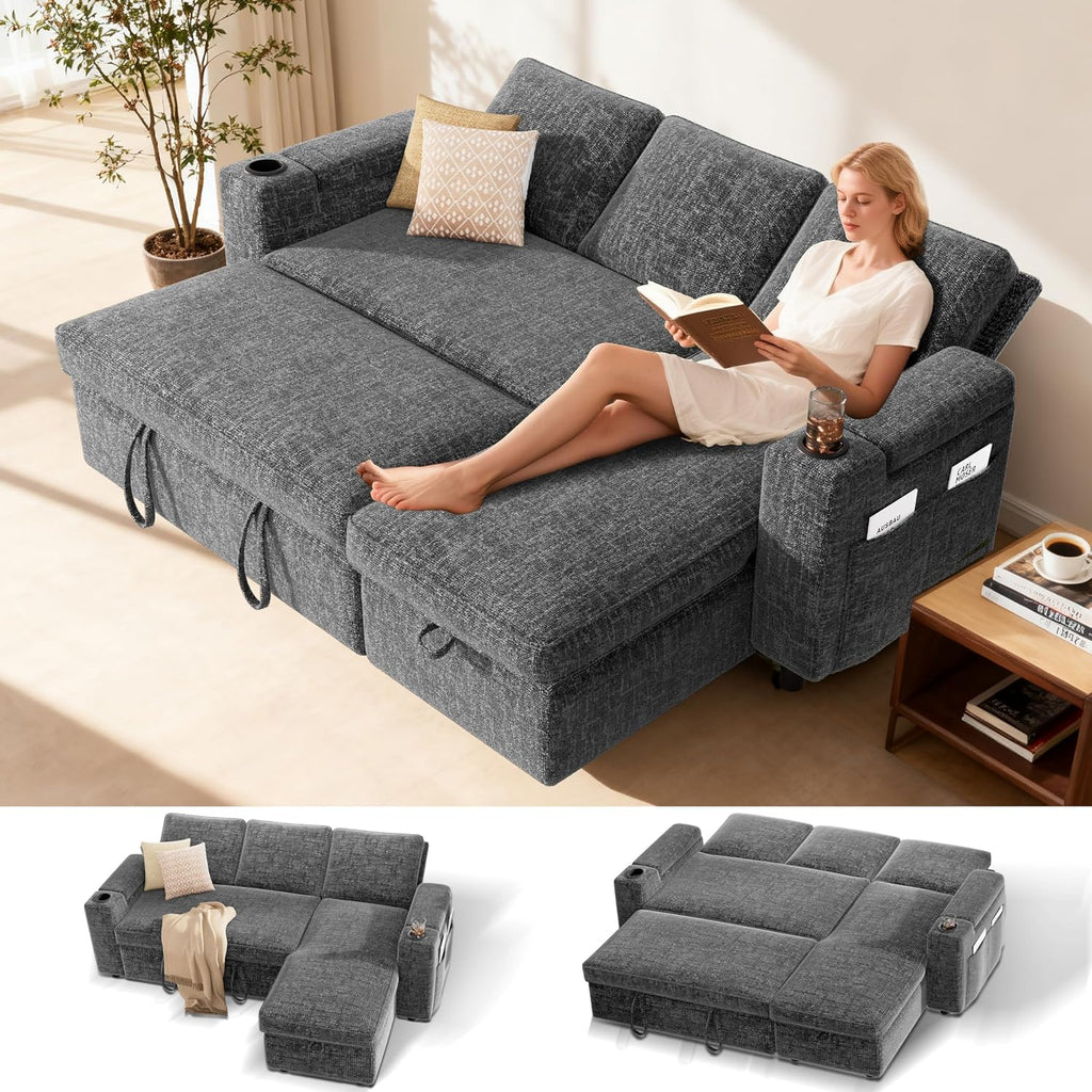 Sunny Heart L-Shaped Sleeper Sofa with Pull Out Bed, 82' Sectional Couch with Reclining Backrest, Reversible Storage Chaise, Armrest Storage, Cup Holders, and Side Pockets, Tool-Free Assembly, Grey