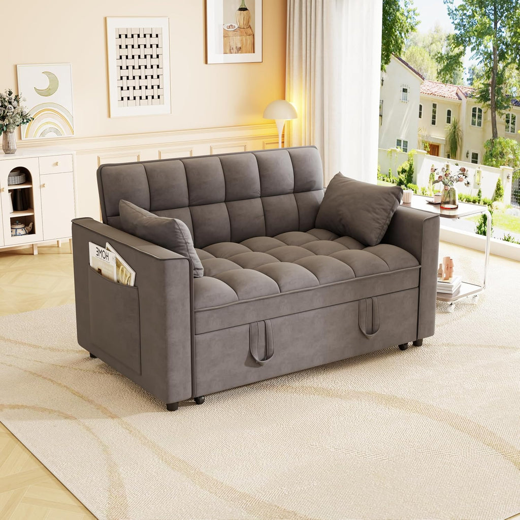 KEIKI 2-Seat Velvet Sofa Bed w/Adjustable Backrest & Side Pockets, Cloud Chair for Living Room, Multifunctional Pull Out Bed – Dark Gray