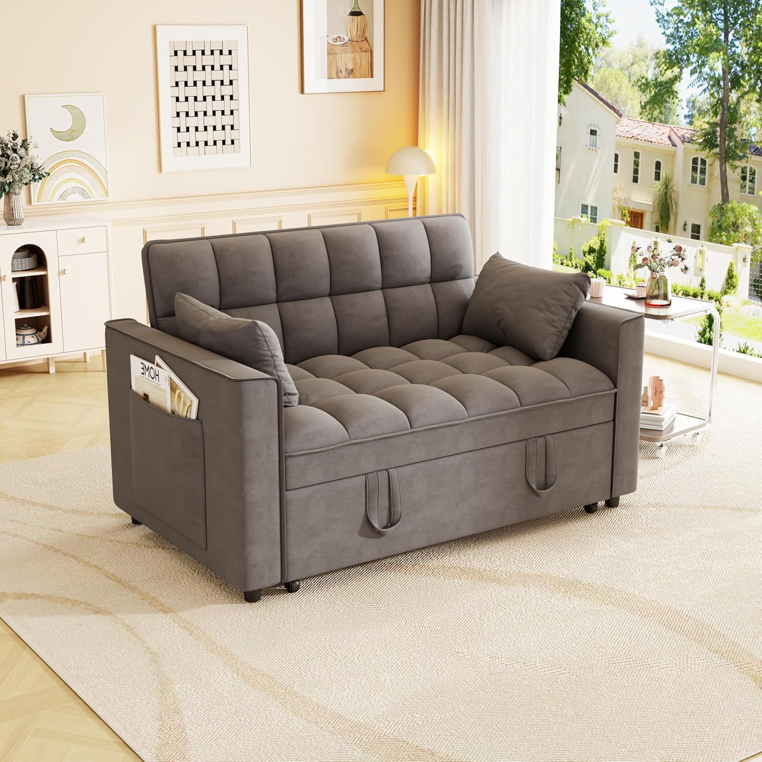 KEIKI 2-Seat Velvet Sofa Bed w/Adjustable Backrest & Side Pockets, Cloud Chair for Living Room, Multifunctional Pull Out Bed – Dark Gray