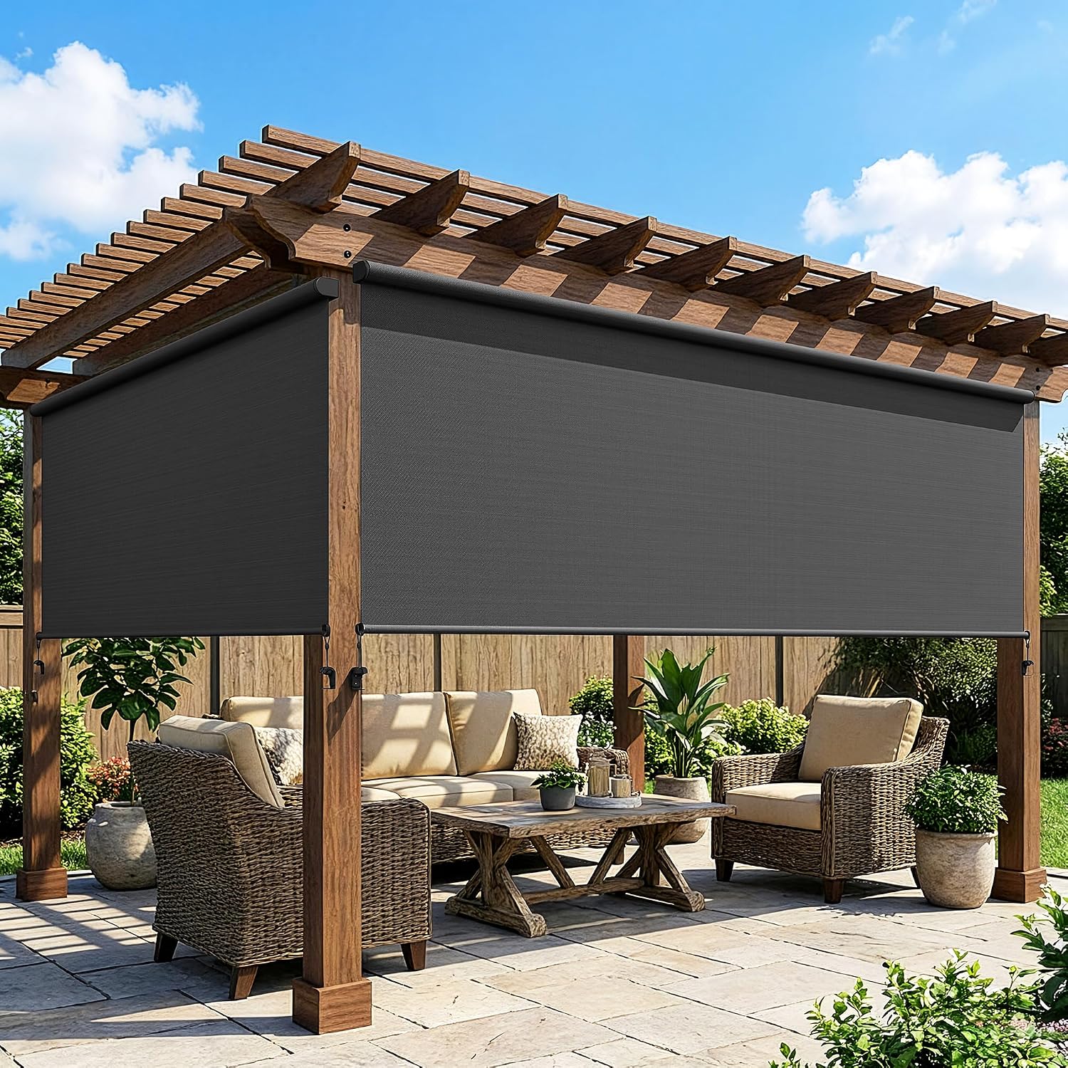 May in Color Outdoor Roller Shades for Patio with New Operation Mode (with Pull Rod-No Need Crank), Upgraded Materials Shades Roller Up Outdoor with 95% UV Protection, Outdoor Blinds for Patio Proch