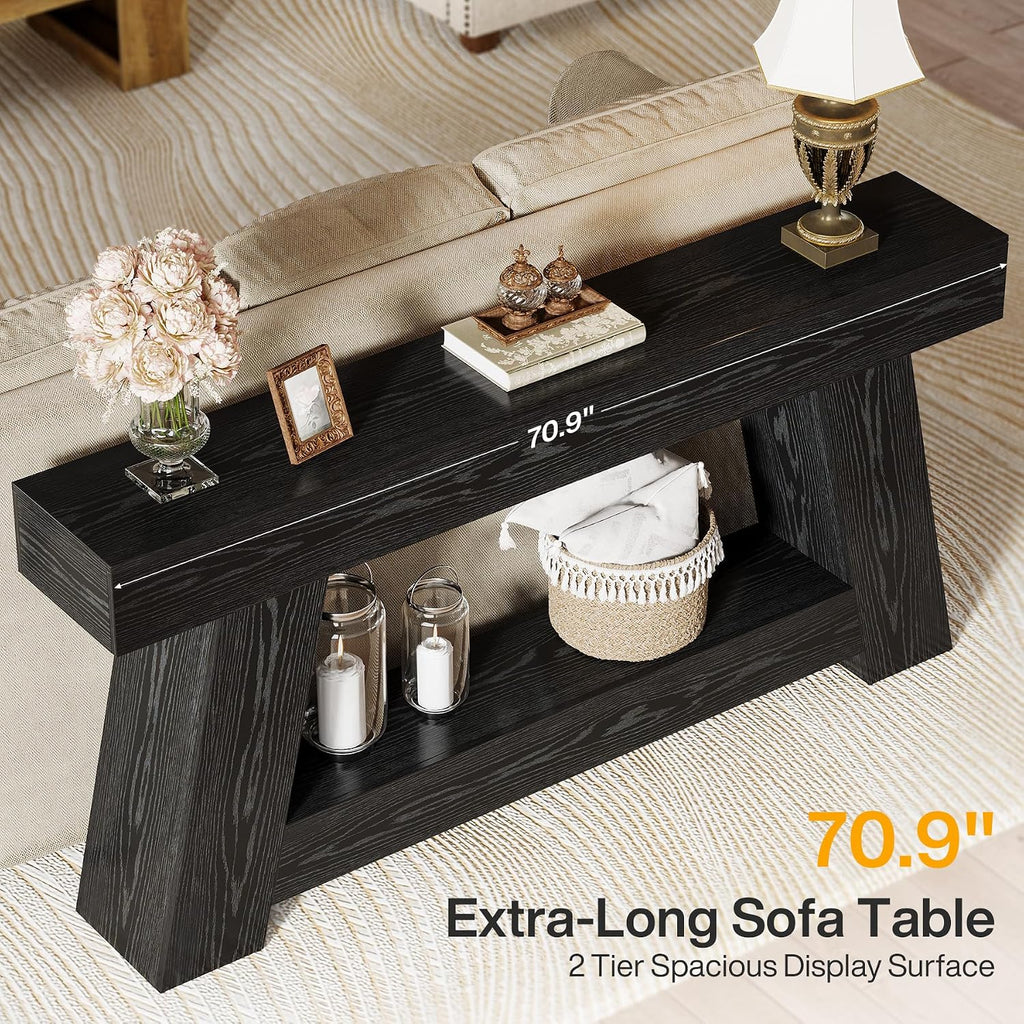 Tribesigns 70.9' Extra Long Console Table, Farmhouse 2-Tier Wooden Sofa Table, Rustic Entryway Tables with Open Storage Shelf for Entrance, Hallway, Living Room (Black)