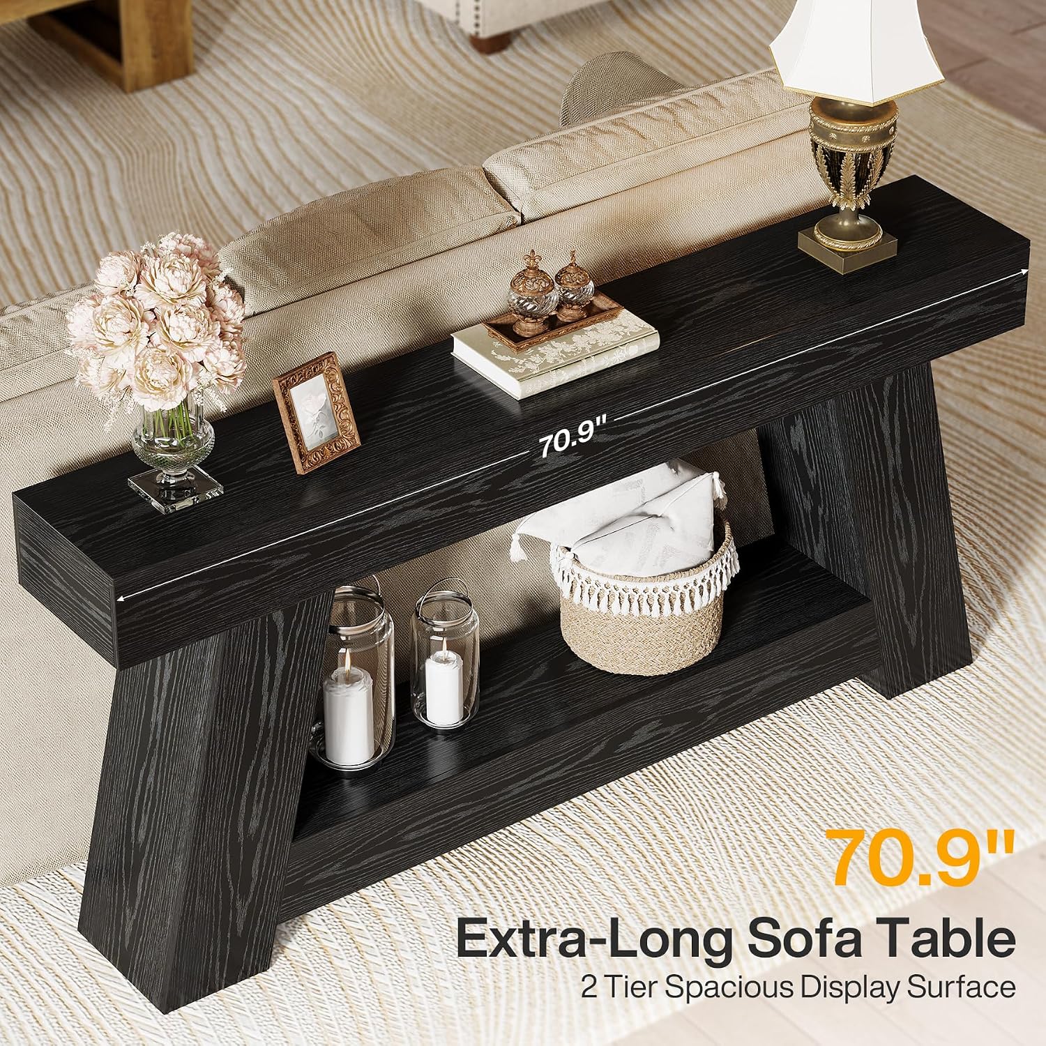Tribesigns 70.9' Extra Long Console Table, Farmhouse 2-Tier Wooden Sofa Table, Rustic Entryway Tables with Open Storage Shelf for Entrance, Hallway, Living Room (Black)
