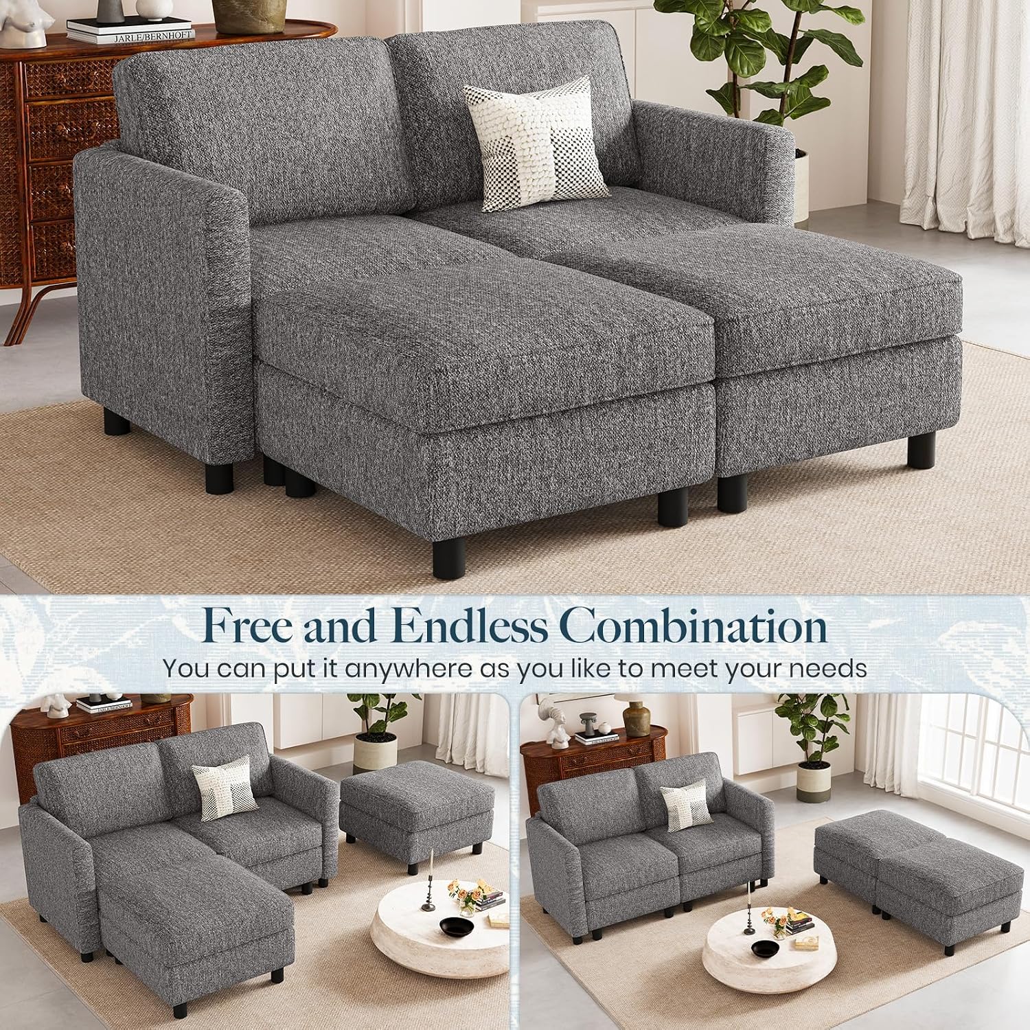 Belffin 58.3' Modular Sectional Sofa 4 Seats Sleeper Sofa Washable Sectional Couches for Living Room Comfy Couches with Storage Seat Couch Sofas with Chaise,Grey
