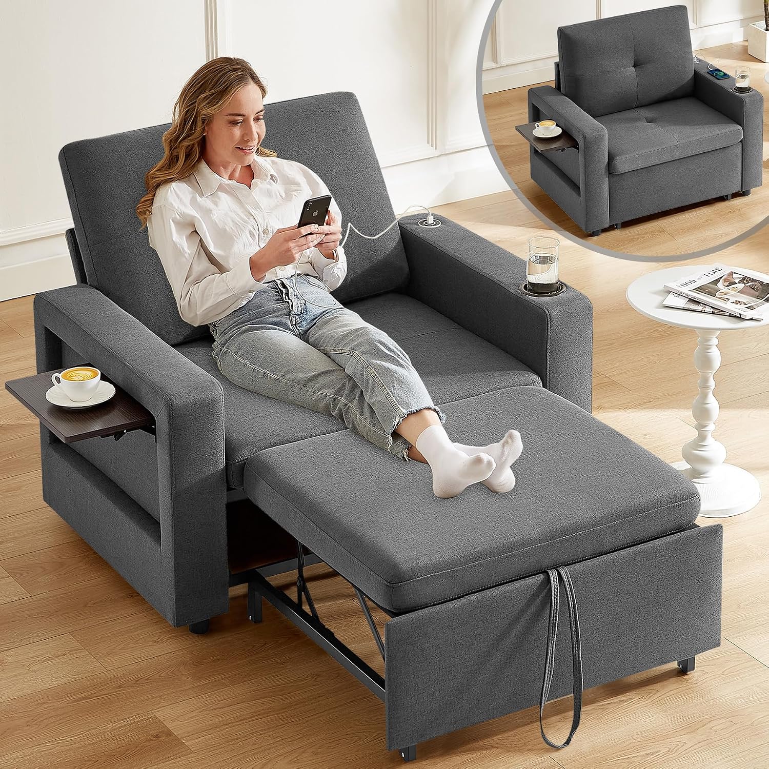 WEUP 42.5' Sleeper Sofa Chair Bed, 3-in-1 Convertible Sleeper Chair with Pull Out Bed, Adjustable Reclining Backrest, Side Pockets, Cup Holder, USB Ports & Wing Table, Premium Dark Grey