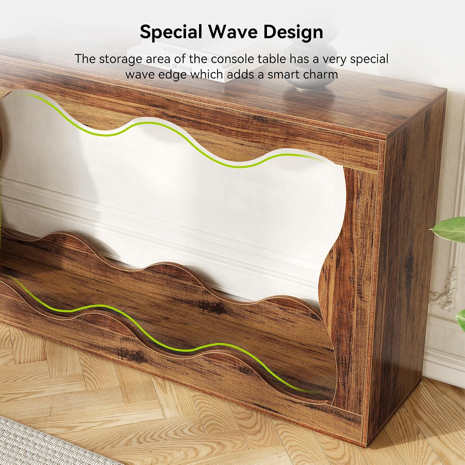 LITTLE TREE 63-Inch Entryway Table, Chic Design, Farmhouse Sofa Table Behind Couch, Scalloped Console Table with Build-in Storage Space for Entryway, Living Room, Hallway
