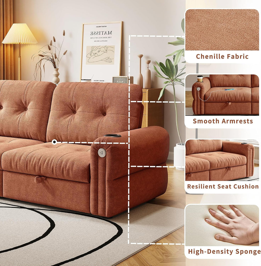 80.4' Queen Sleeper Sofa Bed, 3 in 1 Convertible Pull Out Couch with USB Ports & Cup Holders, Modern Chenille Loveseat Sofabed with Adjustable Backrest for Living Room, Bedroom, Apartment
