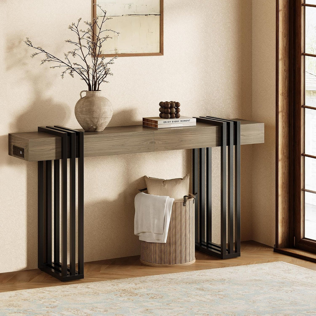 63' Long Console Table for Entryway - Behind Couch Table for Living Room, Wood Sofa Tables with Black Parallel Metal Frame & Power Outlet for Hallway, Entrance, Narrow Foyer, Light Walnut