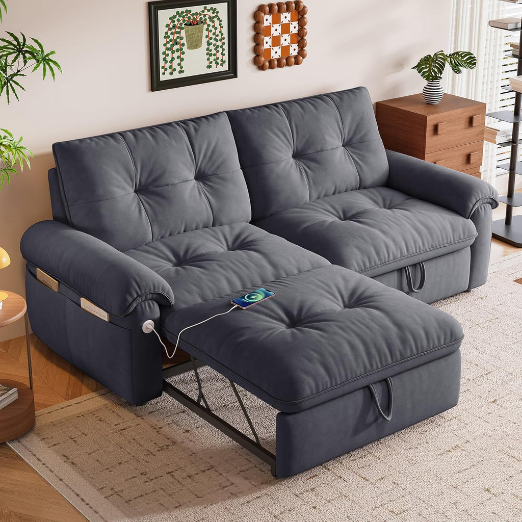 77' King Size Sleeper Sofa Bed, Convertible Pull Out Couch with Velvet Fabric, 3-in-1 Loveseat L Shaped Couch Bed with Adjustable Backrest, Side Pocket & USB Ports for Living Room Apartment