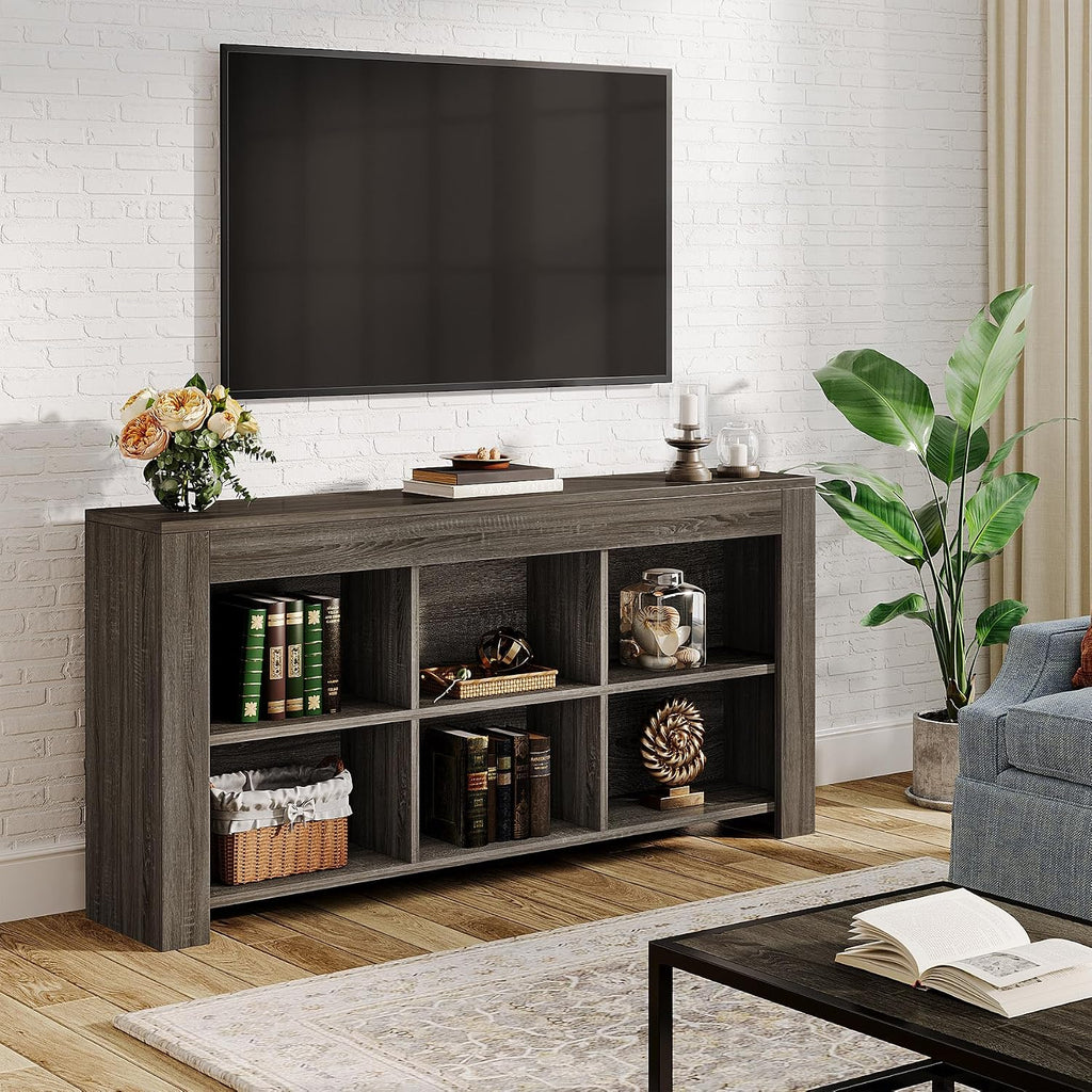 Tribesigns 63-Inch Long Sofa Console Table, Rustic Wood Entryway Table with 6 Storage Cubes for Living Room, Hallway, Behind Couch (Grey)