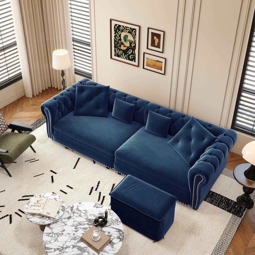 89'' Pull Out Sofa Bed King, Chesterfield Velvet Sleeper Sofa, Convertible L-Shaped Futon Couch, Tufted Back, 4 Pillows, Ottoman, Deep Seat Loveseat Couches for Living Room, Apartment, Blue