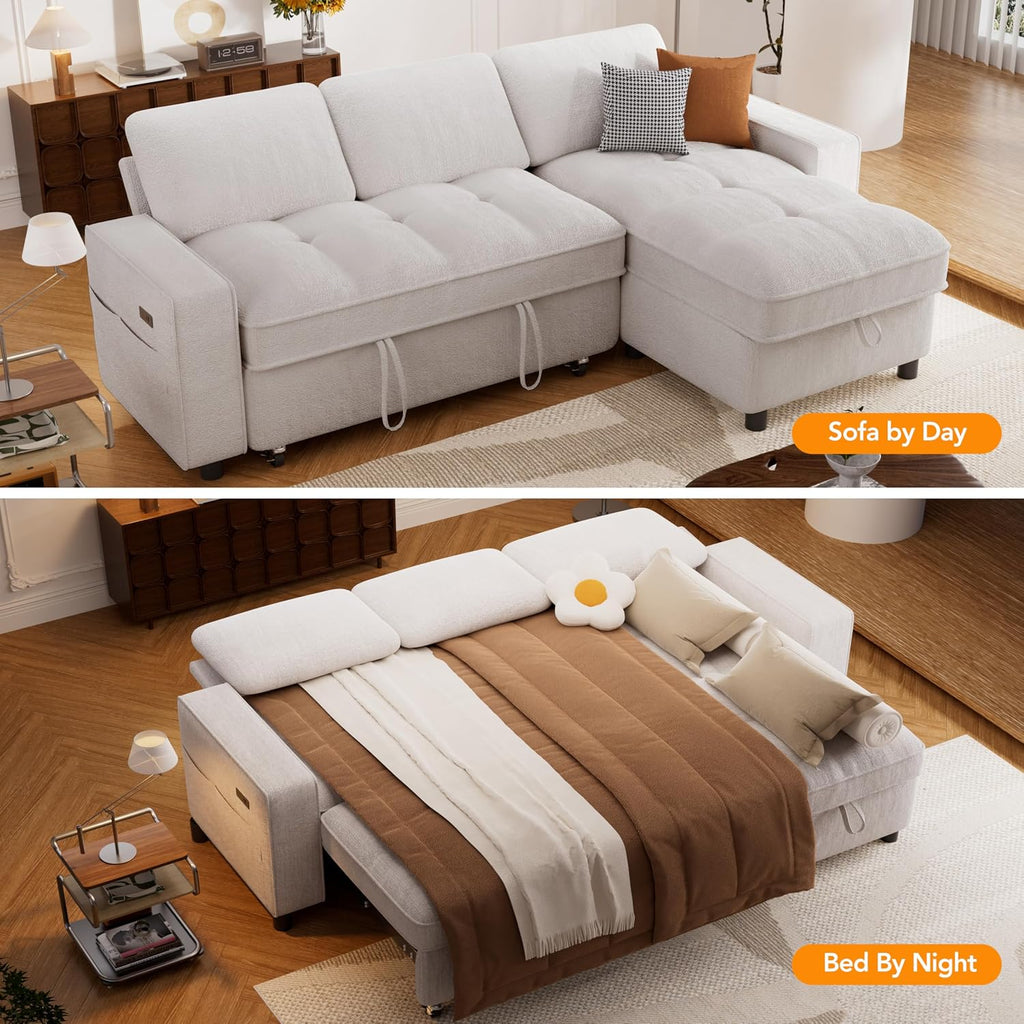 Sunny Heart Chenille Sleeper Sofa Bed, 81' L Shaped Couch Sleeper Sofa, Pull Out Couch Bed with Reclining Backrest | Reversible Storage Chaise | USB Port | Side Pocket | Tool-Free Assembly | Beige