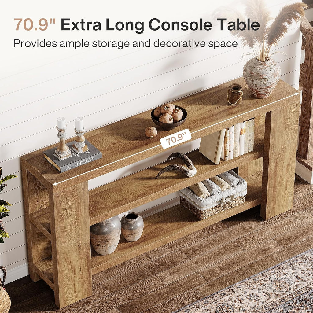 Tribesigns 70.9-Inch Extra Long Console Table with Storage, Narrow Wooden Sofa Table Behind The Couch, Farmhouse 3-Tier Entry Foyer Table for Entryway, Living Room, Hallway