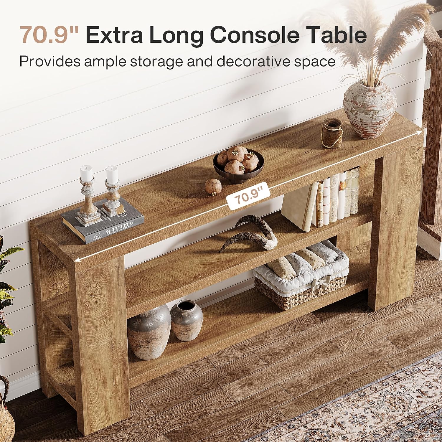 Tribesigns 70.9-Inch Extra Long Console Table with Storage, Narrow Wooden Sofa Table Behind The Couch, Farmhouse 3-Tier Entry Foyer Table for Entryway, Living Room, Hallway